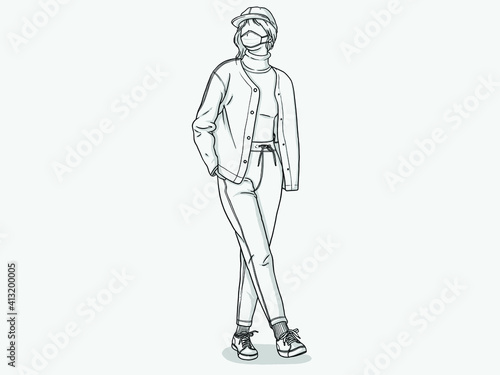 A girl with a hand in her pocket. Wear a mask. New normal. Human character on white background. Hand drawn style vector design illustrations.