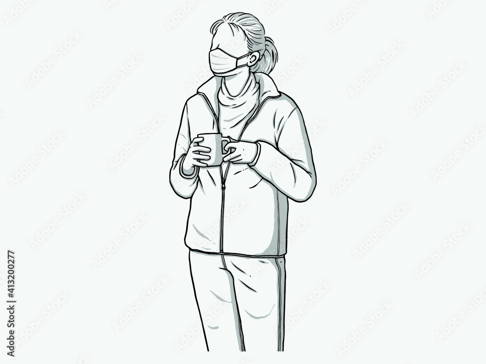 A woman standing with a coffee cup
. Wear a mask. New normal. Human character on white background. Hand drawn style vector design illustrations.
