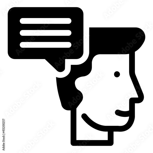 
Man with bubble denoting glyph style icon of user chat bubble 
