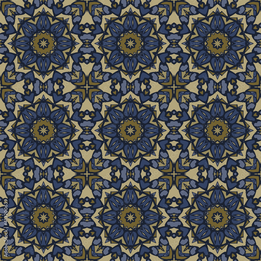 Creative trendy color abstract geometric seamless mandala pattern in gold blue,  can be used for printing onto fabric, interior, design, textile, carpet, rug.
