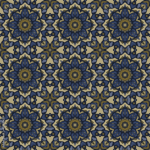 Creative trendy color abstract geometric seamless mandala pattern in gold blue   can be used for printing onto fabric  interior  design  textile  carpet  rug.