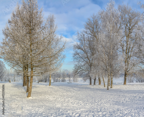 Frosty day on the banks of the Neva River in the month of February.