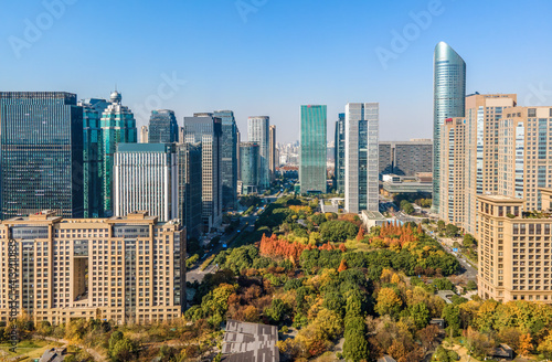 Aerial photography of Hangzhou city scenery and modern architectural landscape in the financial district