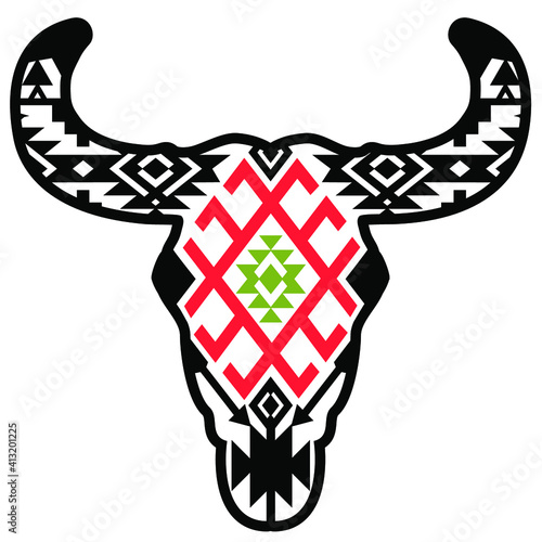 Cow skull silhouette with vintage traditional aztec ornament on head. Vector print art black graphic illustration isolated on white