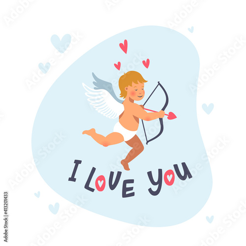 Cupid or angel with bow and arrow. Vector cute cupid for valentine s day. Cartoon flat style vector illustration.