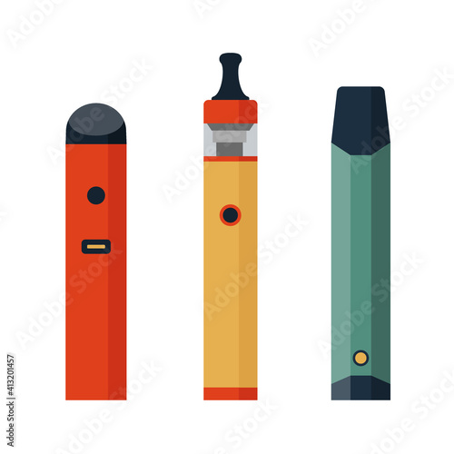 Electronic Cigarettes set. E-cigarette for vaping. Different design vape pens.