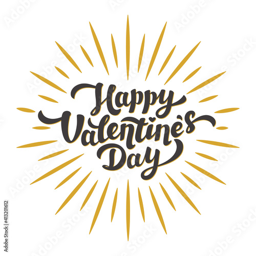 Happy Valentines day quote and lettering with golden rays in vintage style on...