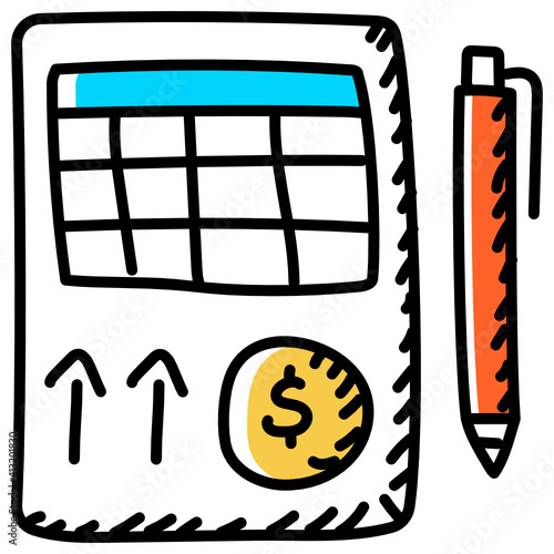 Sheet with pen denoting doodle icon of balance sheet 