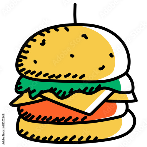 
Hamburger in doodle style icon, fast food 
