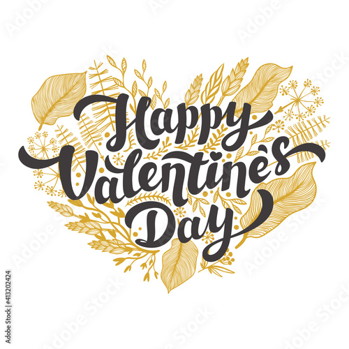 Love day card. happy Valentines day quote on Golden heart on white background. Vector illustration.