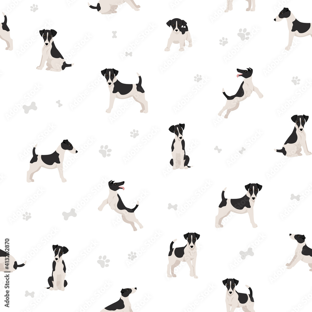 Smooth fox terrier seamless pattern. Different poses, puppy.