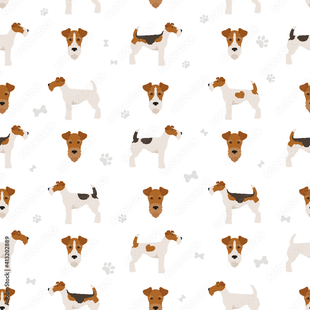 Wire fox terrier seamless pattern. Different poses, puppy.
