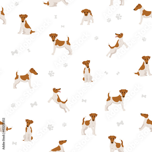 Smooth fox terrier seamless pattern. Different poses, puppy.