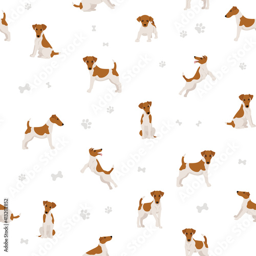 Smooth fox terrier seamless pattern. Different poses  puppy.