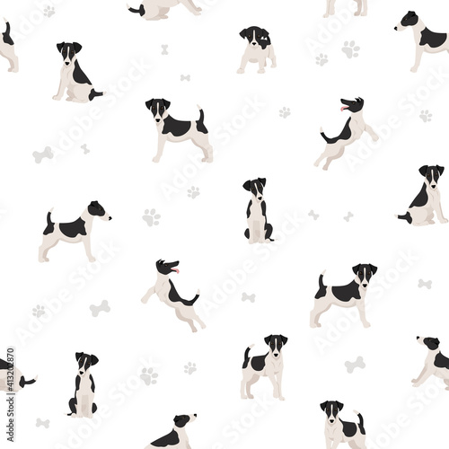 Smooth fox terrier seamless pattern. Different poses, puppy.
