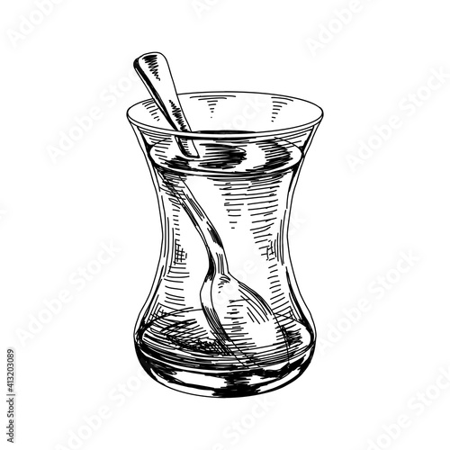 Glass of Turkish tea with a teaspoon, retro hand drawn vector illustration.