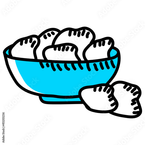 
Refreshment item, doodle style icon of prawn crackers 
