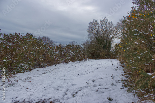 Obraz na płótnie La commune de Muzillac dans le Morbihan sous la neige en ce mois de février 2021