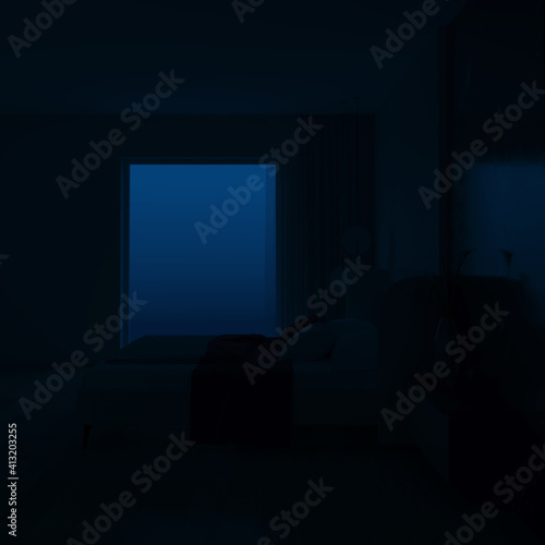 Modern bedroom interior. Night. Evening lighting. 3D rendering.
