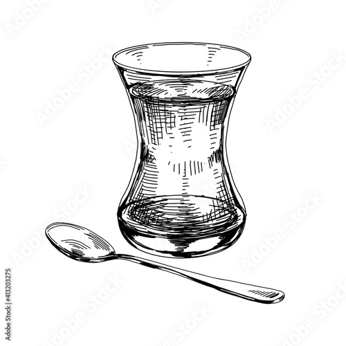 Glass of Turkish tea with a teaspoon, retro hand drawn vector illustration.