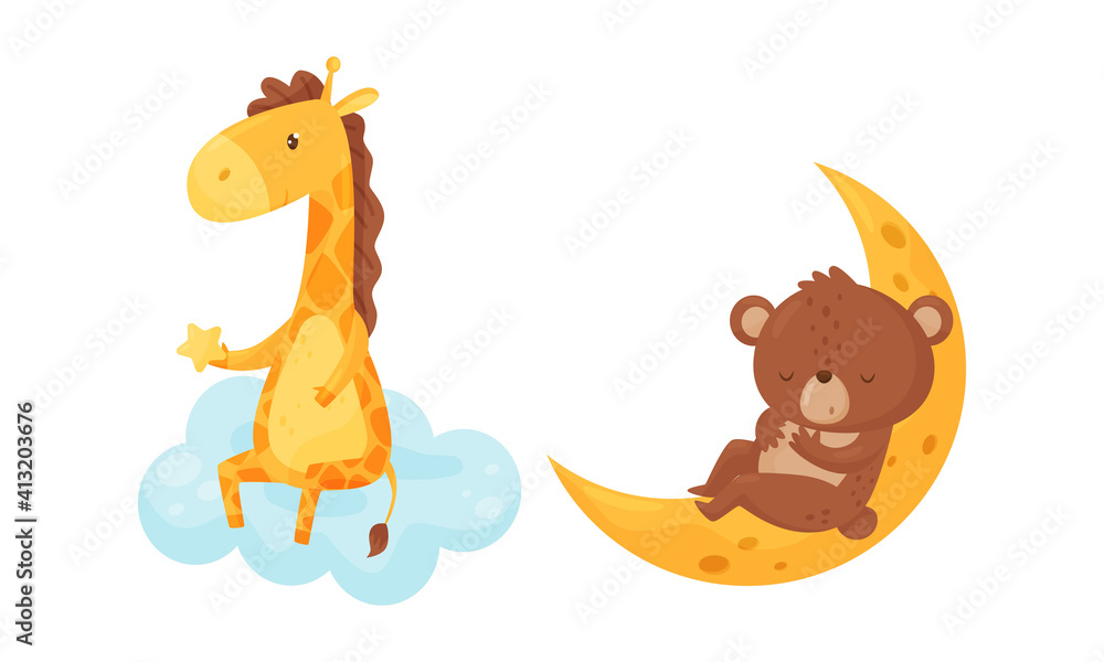 Giraffe Sitting on Cloud Holding Star and Bear Sleeping on on Crescent Moon Vector Set Giraffe Sitting on Cloud Holding Star and Bear Sleeping on on Crescent Moon Vector Set