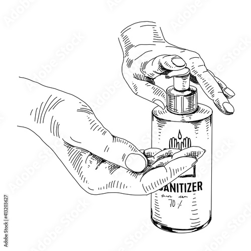 Applying sanitizer for hands washing, retro hand drawn vector illustration.