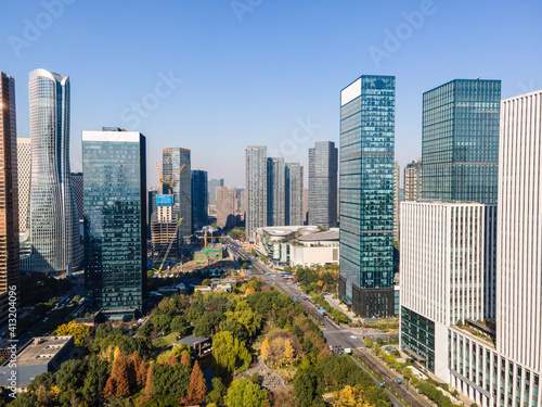 Aerial photography of Hangzhou city scenery and modern architectural landscape in the financial district