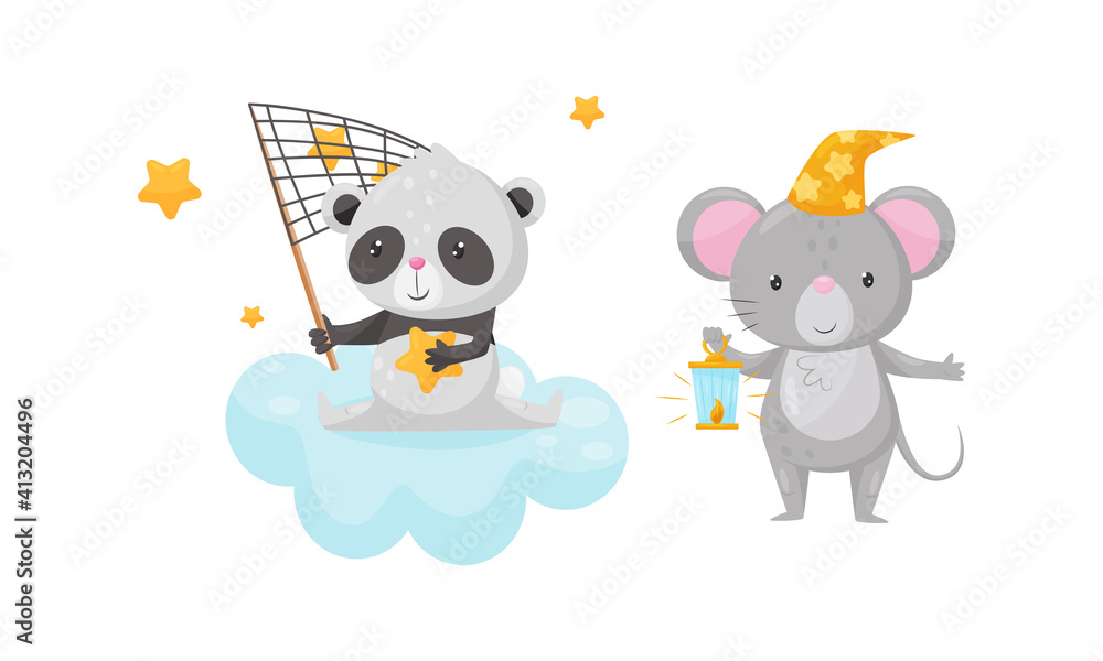 Naklejka premium Panda Sitting on Soft Cloud Catching Stars with Net and Mouse in Bed Cap Holding Lantern Vector Set