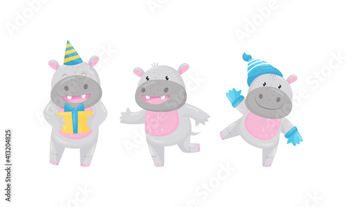 Funny Hippopotamus Carrying Gift Box and Running Vector Set