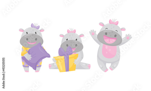 Funny Girl Hippopotamus Wearing Bow on Her Head Holding Gift Box and Jumping with Joy Vector Set