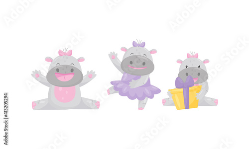Funny Girl Hippopotamus Wearing Bow on Her Head Dancing and Holding Wrapped Gift Box Vector Set