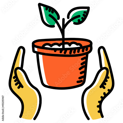 
Hands with potted plant denoting hand drawn icon of plant care 
