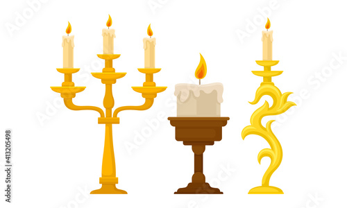 Candelabrum or Candle Holder with Burning Candle Rested in It Vector Set