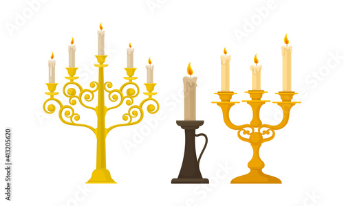 Candelabrum or Candle Holder with Burning Candle Rested in It Vector Set