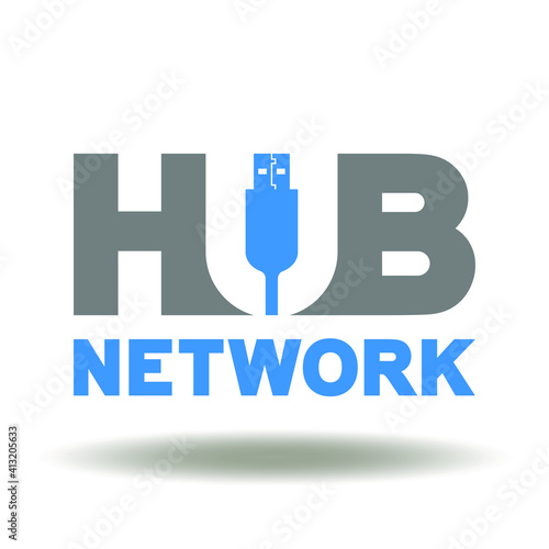 Hub network words with usb plug cable type a vector icon. Hub network symbol.