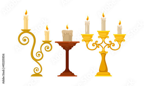 Candelabrum or Candle Holder with Burning Candle Rested in It Vector Set