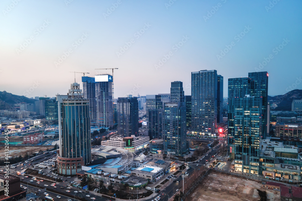 Naklejka premium Aerial photography of modern architectural landscape in Qingdao Coastline Financial District