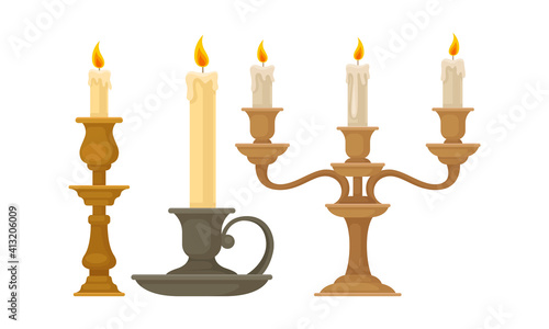 Candelabrum or Candle Holder with Burning Candle Rested in It Vector Set
