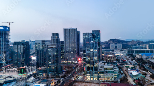 Aerial photography of modern architectural landscape in Qingdao Coastline Financial District