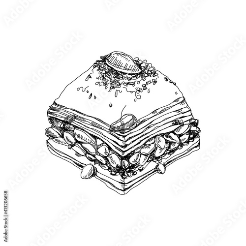Baklava, oriental sweet dessert, retro hand drawn vector illustration.