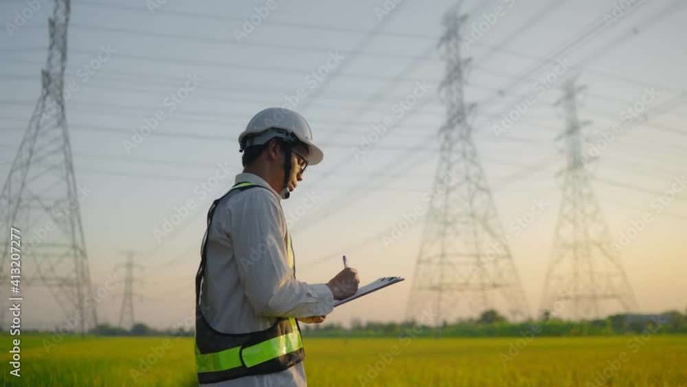 An electrical engineer is writing an inspection report for high voltage poles before starting a project. Assigned by the organization during the time of sunset or sunrise. An electrical engineer is writing an inspection report for high voltage poles before starting a project. Assigned by the organization during the time of sunset or sunrise.