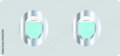 Set of vector realistic iron aircraft windows with curtains