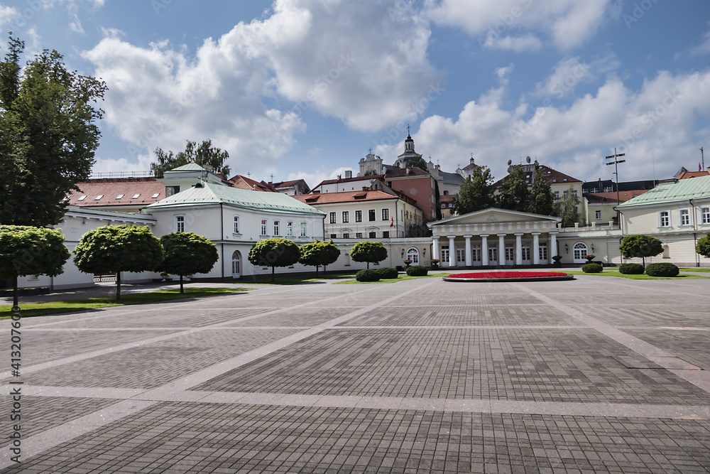Presidential palace yard. Presidential palace - official office and eventual official residence of President of Lithuania in Vilnius. Vilnius, Lithuania.