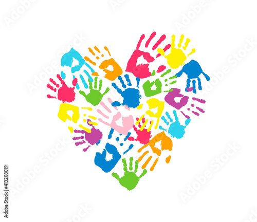 Heart is made of different handprints. Symbol of love, childhood, family and unity. Colorful emblem