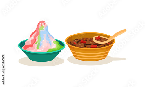 Ais Kacang Dessert or Mixed Ice and Meat Stew as Malaysian Cuisine Dishes Served in Bowl Vector Set