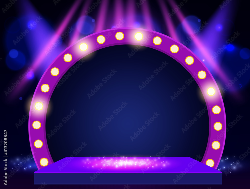 Background with blue curtain, spotlights, podium and retro round banner ...
