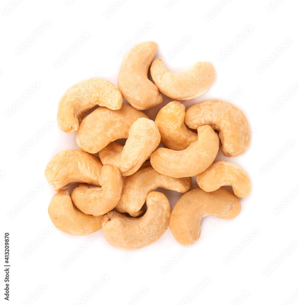 Cashew nuts isolated on white background. Roasted cashew nuts. Top view. Cashew nuts isolated on white background. Roasted cashew nuts. Top view.