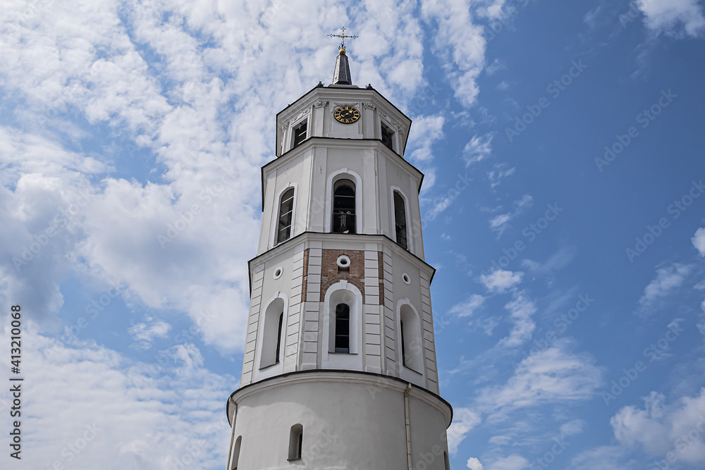 Cathedral Bell Tower (from XIII century) at Cathedral Square (Katedros aikste) - one of the oldest and tallest towers (52 m) in Vilnius Old Town. Vilnius, Lithuania.