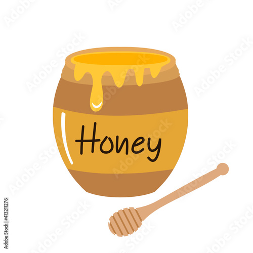 Honey pot, wooden stick icon signs isolated on white background vector illustration.