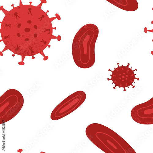 Virus mutation, Covid-19 antibody seamless pattern. Blood corpuscle, hemic cells, virus molecule on isolated background
